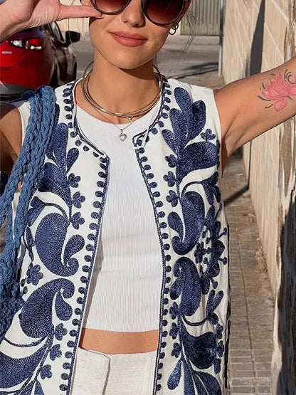 Veste sans manches à motifs brodés floraux